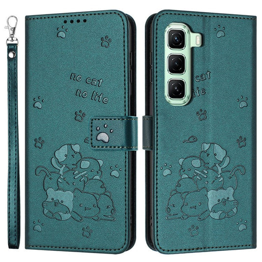 For Infinix Hot 50 Pro+ 4G Case with Strap Cats Imprint Leather Wallet Phone Cover - Blackish Green