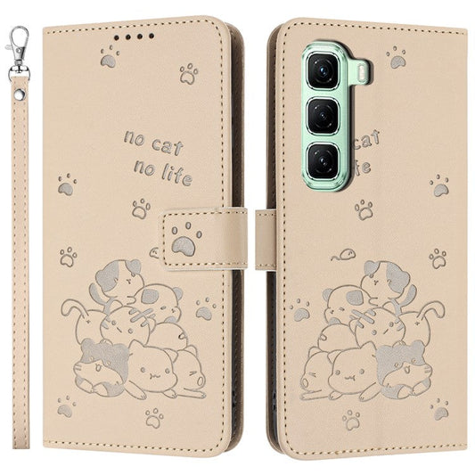 For Infinix Hot 50 Pro+ 4G Case with Strap Cats Imprint Leather Wallet Phone Cover - Beige