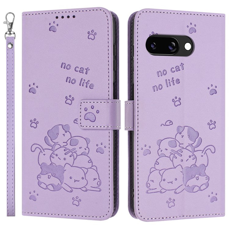 For Google Pixel 9a Case with Strap Cats Imprint Leather Wallet Phone Cover - Purple