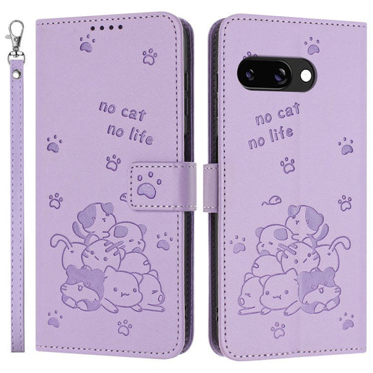For Google Pixel 9a Case with Strap Cats Imprint Leather Wallet Phone Cover - Purple