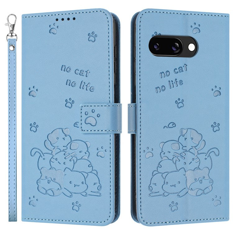 For Google Pixel 9a Case with Strap Cats Imprint Leather Wallet Phone Cover - Blue