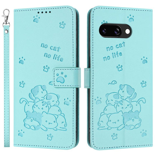 For Google Pixel 9a Case with Strap Cats Imprint Leather Wallet Phone Cover - Green