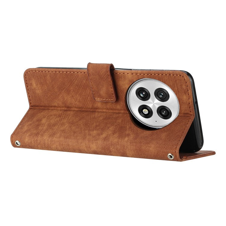 For OnePlus 13 Case Imprinted Lines Leather Phone Cover Folding Stand - Brown
