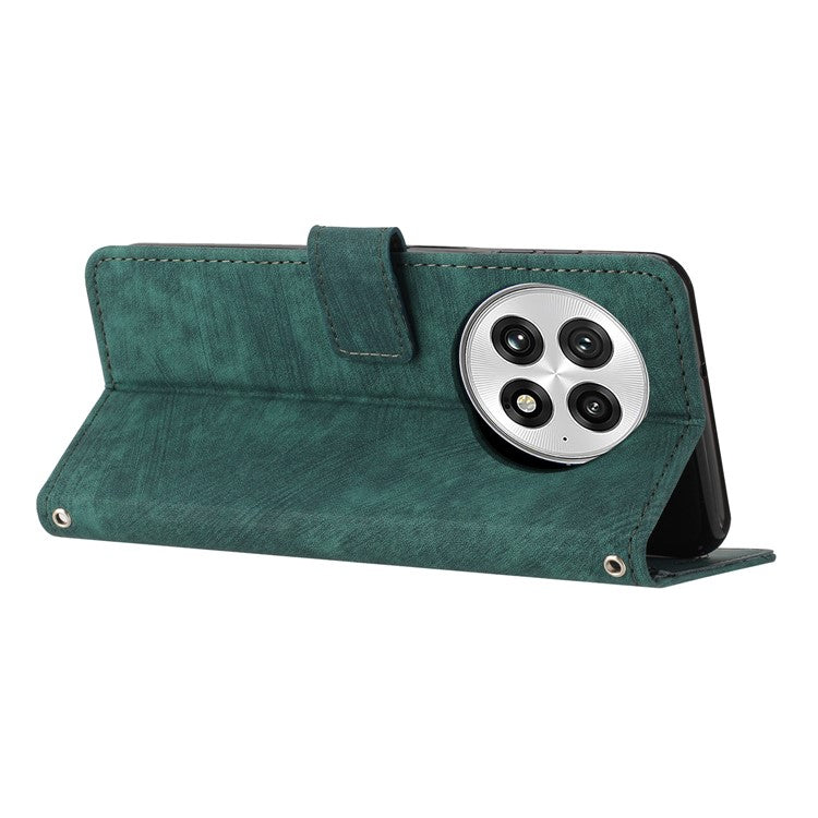 For OnePlus 13 Case Imprinted Lines Leather Phone Cover Folding Stand - Green