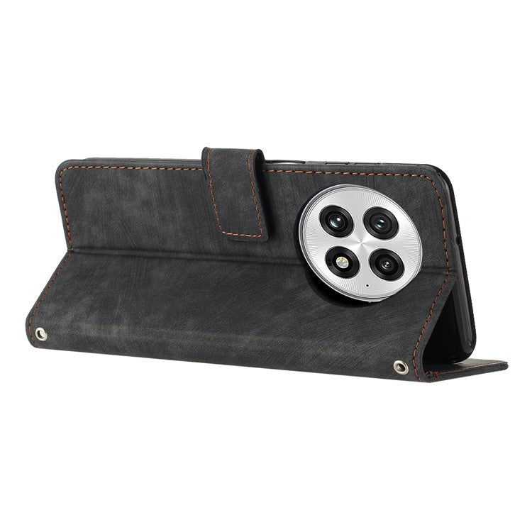 For OnePlus 13 Case Imprinted Lines Leather Phone Cover Folding Stand - Black