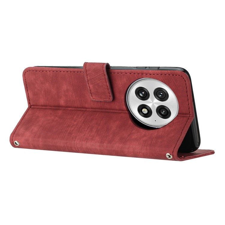 For OnePlus 13 Case Imprinted Lines Leather Phone Cover Folding Stand - Red