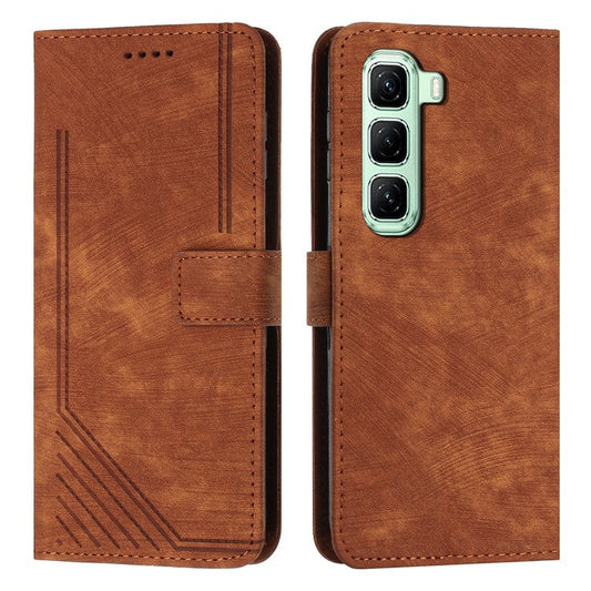 For Infinix Hot 50 Pro+ 4G Case Imprinted Lines Leather Phone Cover Folding Stand - Brown
