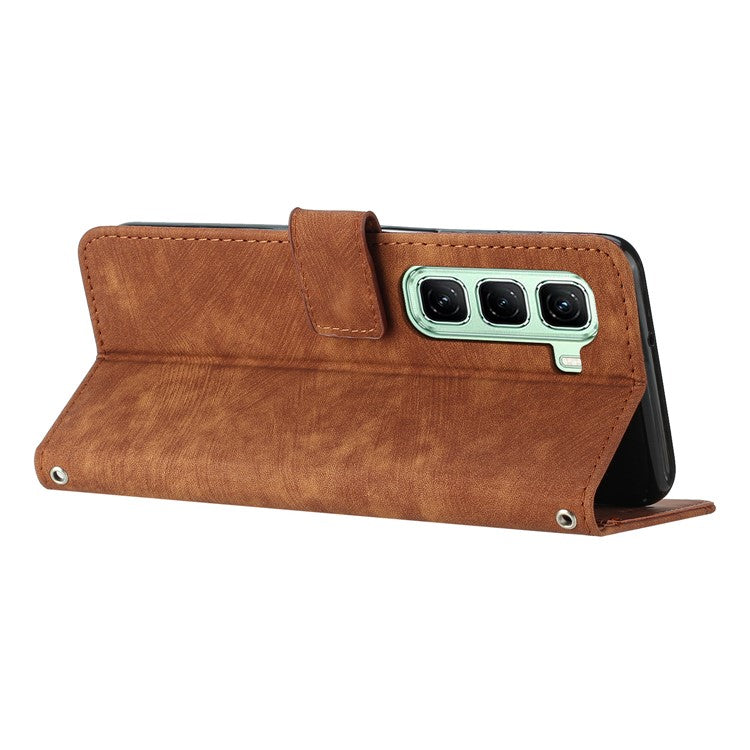 For Infinix Hot 50 Pro+ 4G Case Imprinted Lines Leather Phone Cover Folding Stand - Brown