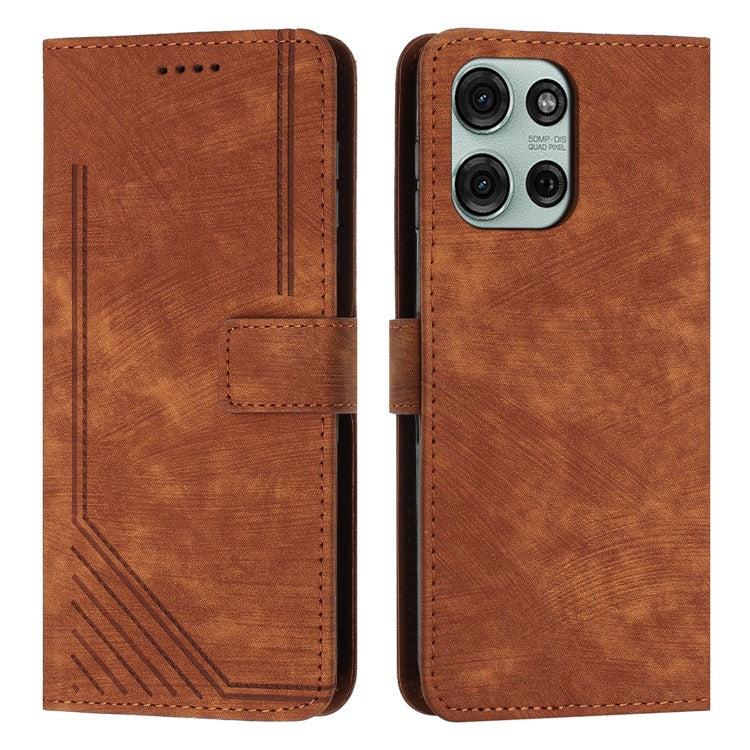For Motorola Moto G75 5G Case Imprinted Lines Leather Phone Cover Folding Stand - Brown