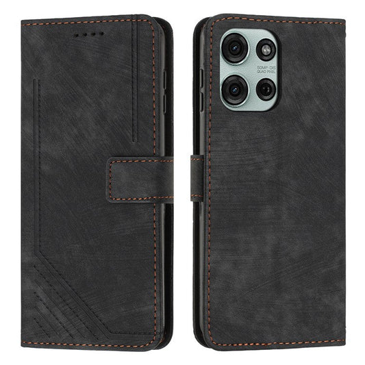 For Motorola Moto G75 5G Case Imprinted Lines Leather Phone Cover Folding Stand - Black