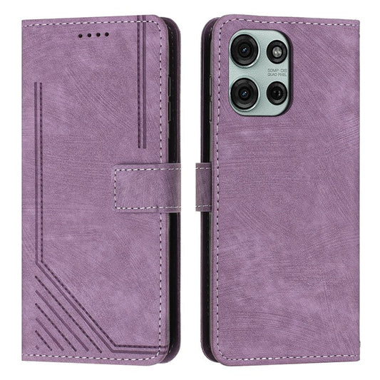 For Motorola Moto G75 5G Case Imprinted Lines Leather Phone Cover Folding Stand - Purple