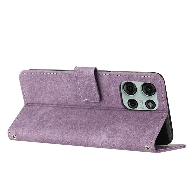 For Motorola Moto G75 5G Case Imprinted Lines Leather Phone Cover Folding Stand - Purple