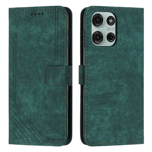 For Motorola Moto G75 5G Case Imprinted Lines Leather Phone Cover Folding Stand - Green