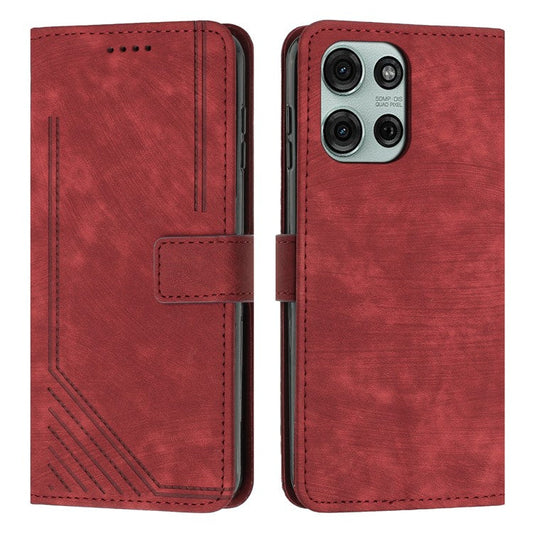 For Motorola Moto G75 5G Case Imprinted Lines Leather Phone Cover Folding Stand - Red