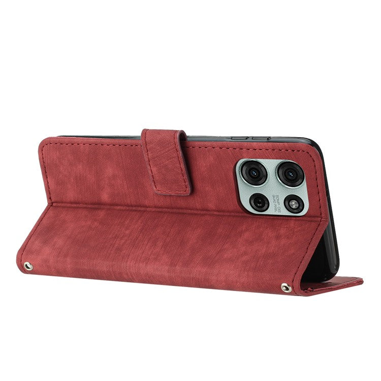 For Motorola Moto G75 5G Case Imprinted Lines Leather Phone Cover Folding Stand - Red