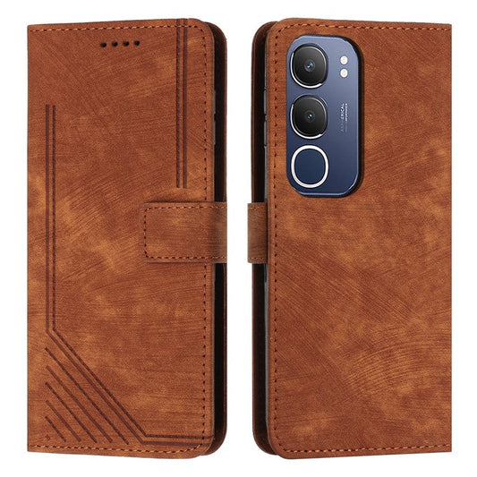 For vivo Y19s 4G Case Imprinted Lines Leather Phone Cover Folding Stand - Brown