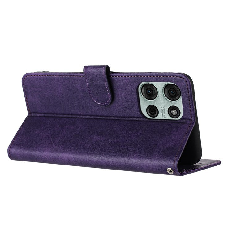 For Motorola Moto G75 5G Case Flip Stand PU Leather Wallet Phone Cover Calf Texture - Purple