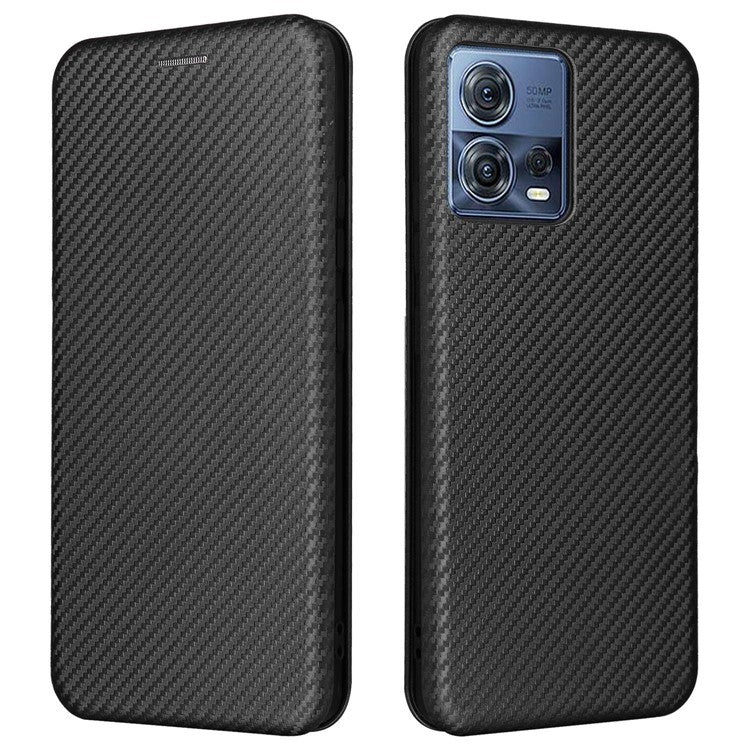 For Motorola Moto S30 Pro 5G / Edge 30 Fusion 5G Carbon Fiber Texture PU Leather Flip Folio Stand Cover Stand Cover Card Slots Magnetic Absorption Protective Case - Black