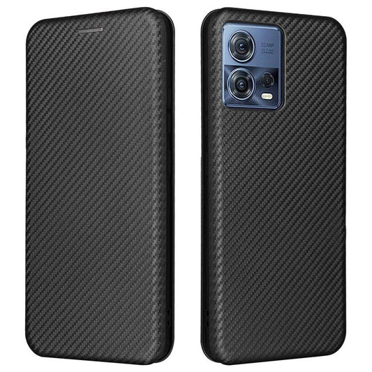 For Motorola Moto S30 Pro 5G / Edge 30 Fusion 5G Carbon Fiber Texture PU Leather Flip Folio Stand Cover Stand Cover Card Slots Magnetic Absorption Protective Case - Black