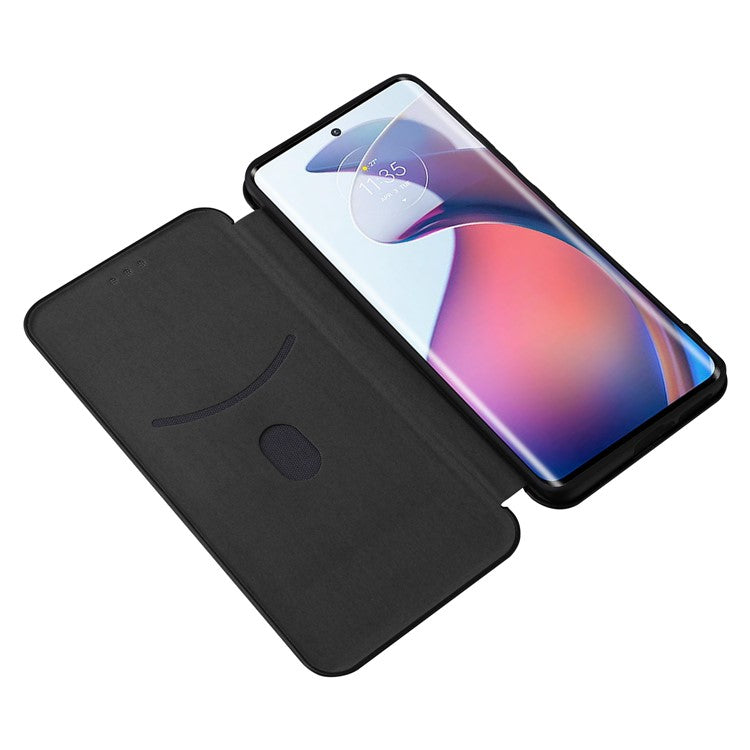 For Motorola Moto S30 Pro 5G / Edge 30 Fusion 5G Carbon Fiber Texture PU Leather Flip Folio Stand Cover Stand Cover Card Slots Magnetic Absorption Protective Case - Black