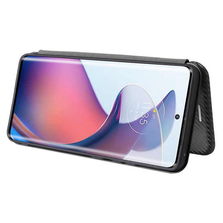 For Motorola Moto S30 Pro 5G / Edge 30 Fusion 5G Carbon Fiber Texture PU Leather Flip Folio Stand Cover Stand Cover Card Slots Magnetic Absorption Protective Case - Black