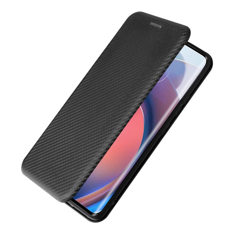 For Motorola Moto S30 Pro 5G / Edge 30 Fusion 5G Carbon Fiber Texture PU Leather Flip Folio Stand Cover Stand Cover Card Slots Magnetic Absorption Protective Case - Black