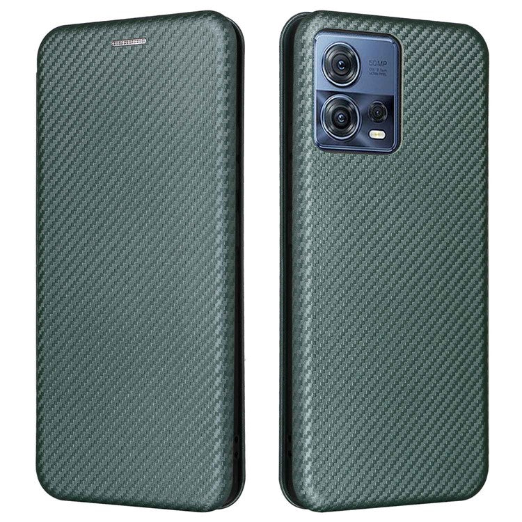 For Motorola Moto S30 Pro 5G / Edge 30 Fusion 5G Carbon Fiber Texture PU Leather Flip Folio Stand Cover Stand Cover Card Slots Magnetic Absorption Protective Case - Green
