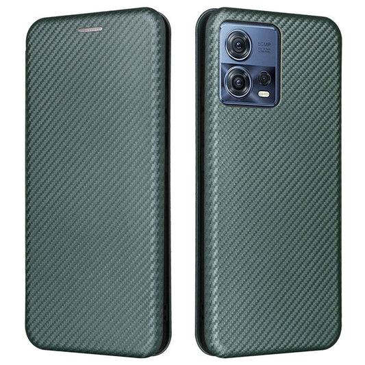 For Motorola Moto S30 Pro 5G / Edge 30 Fusion 5G Carbon Fiber Texture PU Leather Flip Folio Stand Cover Stand Cover Card Slots Magnetic Absorption Protective Case - Green