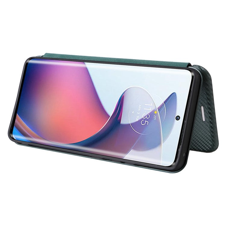For Motorola Moto S30 Pro 5G / Edge 30 Fusion 5G Carbon Fiber Texture PU Leather Flip Folio Stand Cover Stand Cover Card Slots Magnetic Absorption Protective Case - Green