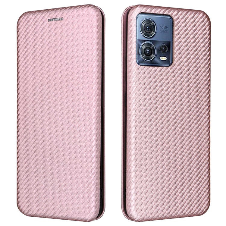 For Motorola Moto S30 Pro 5G / Edge 30 Fusion 5G Carbon Fiber Texture PU Leather Flip Folio Stand Cover Stand Cover Card Slots Magnetic Absorption Protective Case - Rose Gold