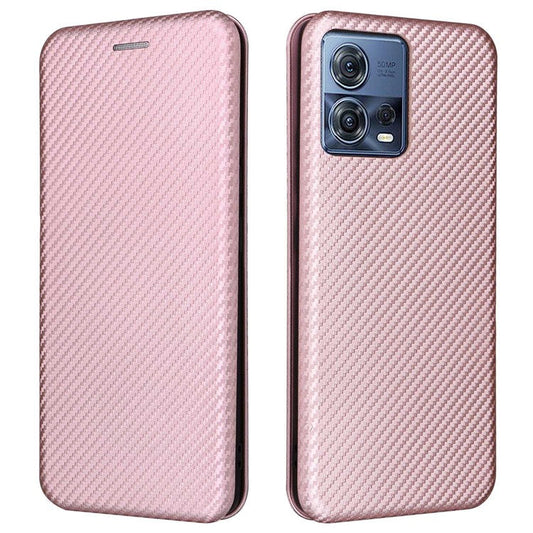For Motorola Moto S30 Pro 5G / Edge 30 Fusion 5G Carbon Fiber Texture PU Leather Flip Folio Stand Cover Stand Cover Card Slots Magnetic Absorption Protective Case - Rose Gold