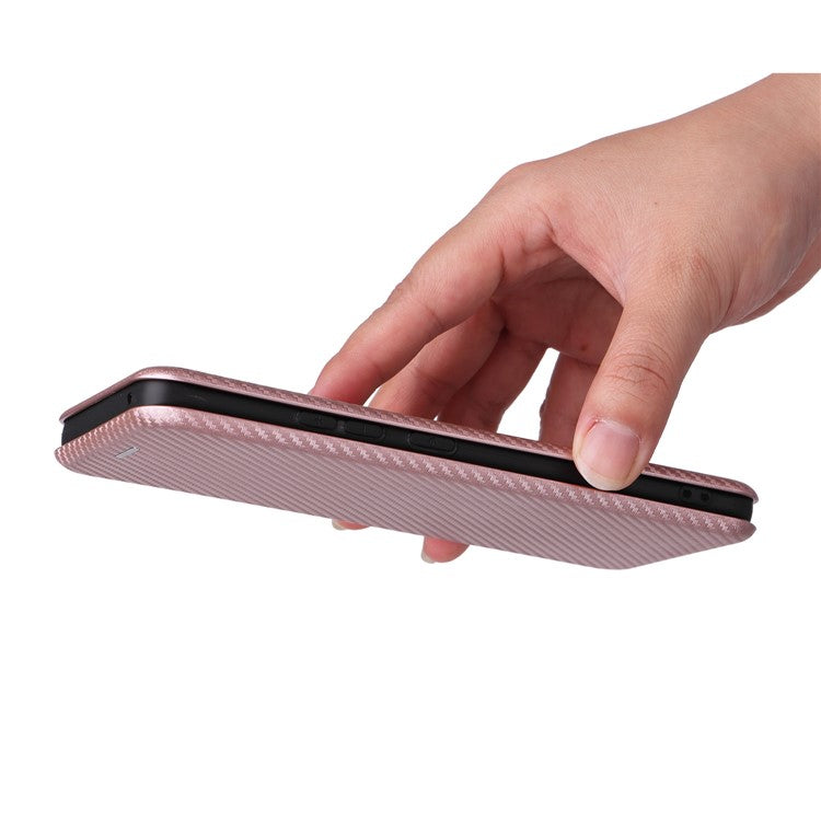 For Motorola Moto S30 Pro 5G / Edge 30 Fusion 5G Carbon Fiber Texture PU Leather Flip Folio Stand Cover Stand Cover Card Slots Magnetic Absorption Protective Case - Rose Gold