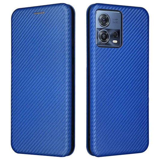For Motorola Moto S30 Pro 5G / Edge 30 Fusion 5G Carbon Fiber Texture PU Leather Flip Folio Stand Cover Stand Cover Card Slots Magnetic Absorption Protective Case - Blue
