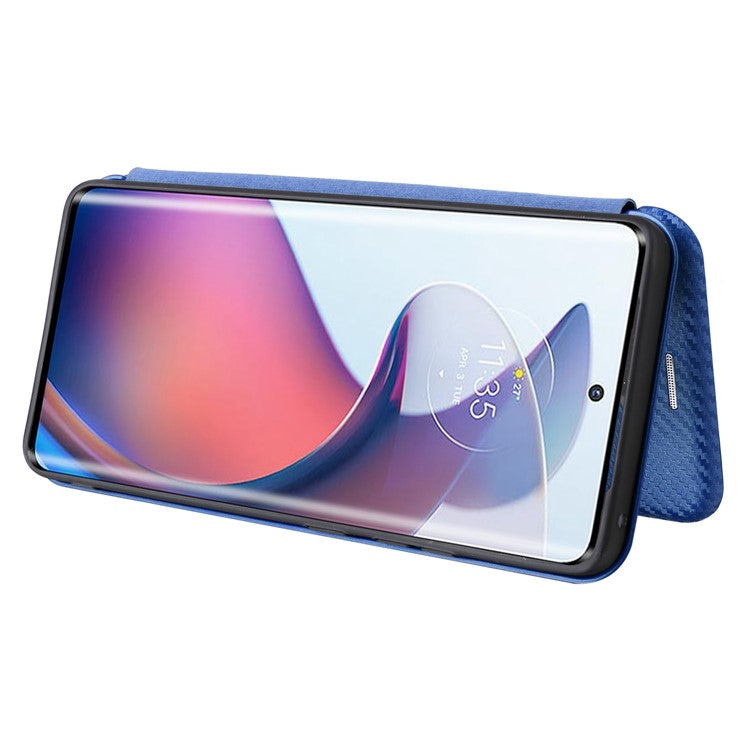 For Motorola Moto S30 Pro 5G / Edge 30 Fusion 5G Carbon Fiber Texture PU Leather Flip Folio Stand Cover Stand Cover Card Slots Magnetic Absorption Protective Case - Blue