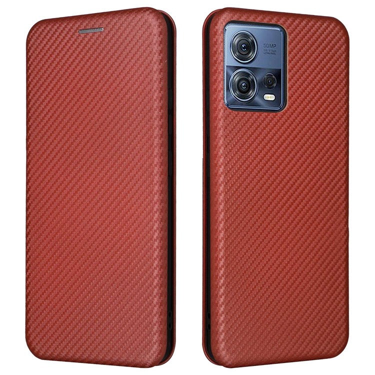 For Motorola Moto S30 Pro 5G / Edge 30 Fusion 5G Carbon Fiber Texture PU Leather Flip Folio Stand Cover Stand Cover Card Slots Magnetic Absorption Protective Case - Brown