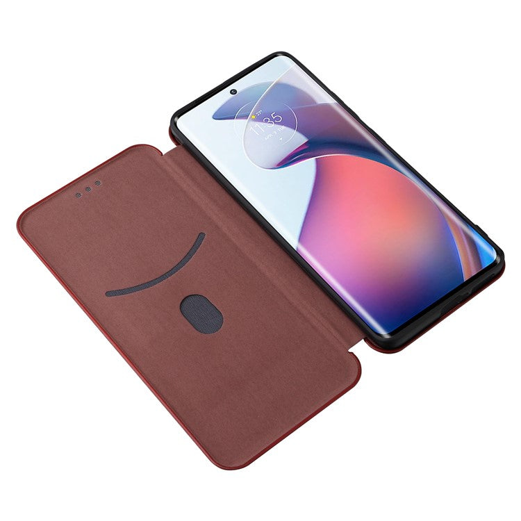 For Motorola Moto S30 Pro 5G / Edge 30 Fusion 5G Carbon Fiber Texture PU Leather Flip Folio Stand Cover Stand Cover Card Slots Magnetic Absorption Protective Case - Brown