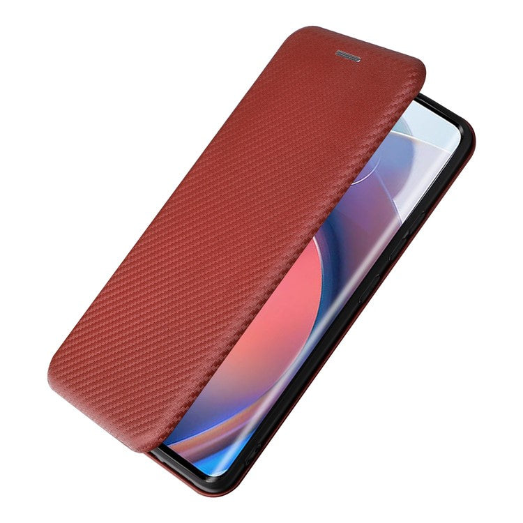 For Motorola Moto S30 Pro 5G / Edge 30 Fusion 5G Carbon Fiber Texture PU Leather Flip Folio Stand Cover Stand Cover Card Slots Magnetic Absorption Protective Case - Brown