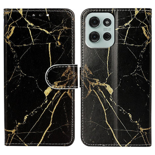 For Motorola Moto G75 5G Case Pattern PU Leather Flip Phone Cover - Black Gold Marble