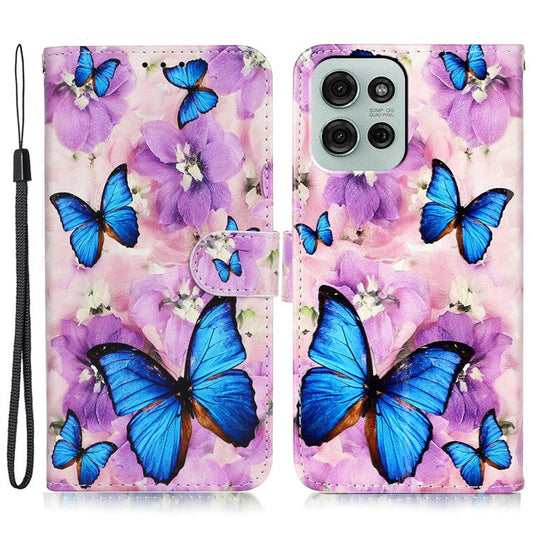 For Motorola Moto G75 5G Case Pattern Leather Wallet Phone Cover with Card Holder - Purple Flower Butterfly