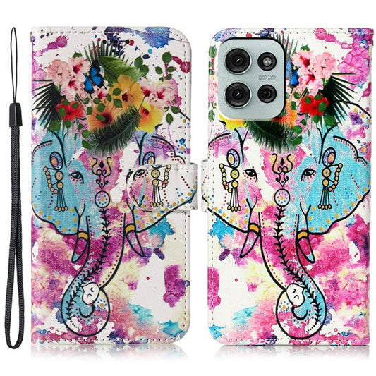 For Motorola Moto G75 5G Case Pattern Leather Wallet Phone Cover with Card Holder - Flower Elephant
