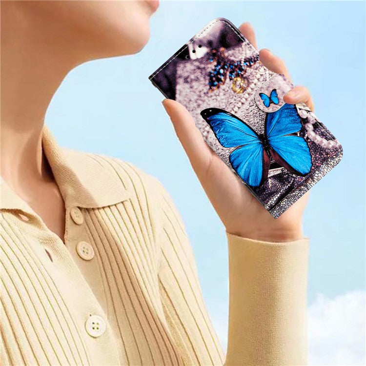 For Samsung Galaxy S25 Ultra Wallet Case Printed Pattern Design Leather Phone Cover - Blue Butterfly