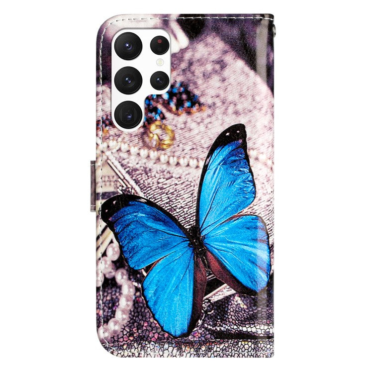 For Samsung Galaxy S25 Ultra Wallet Case Printed Pattern Design Leather Phone Cover - Blue Butterfly