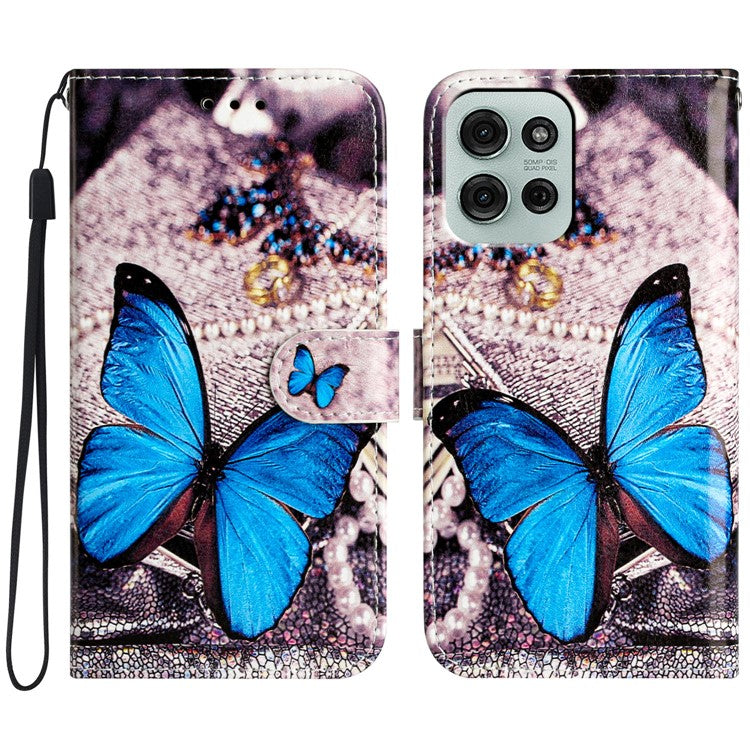 For Motorola Moto G75 5G Wallet Case Printed Pattern Design Leather Phone Cover - Blue Butterfly