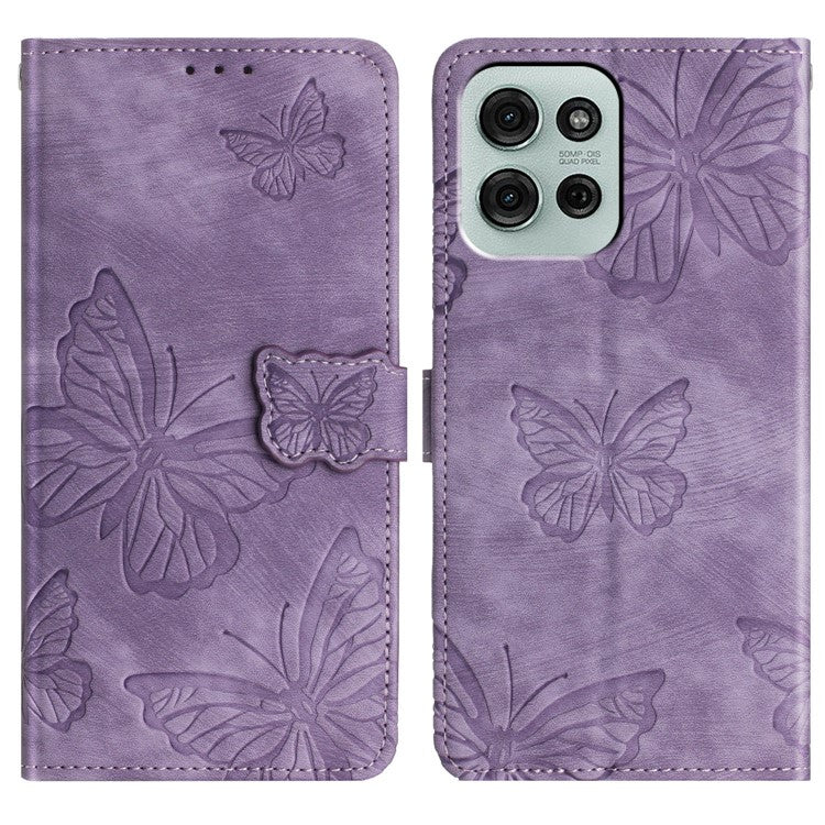 For Motorola Moto G75 5G Case Butterfly Design Flip Wallet Leather Phone Cover Skin-Touch - Purple