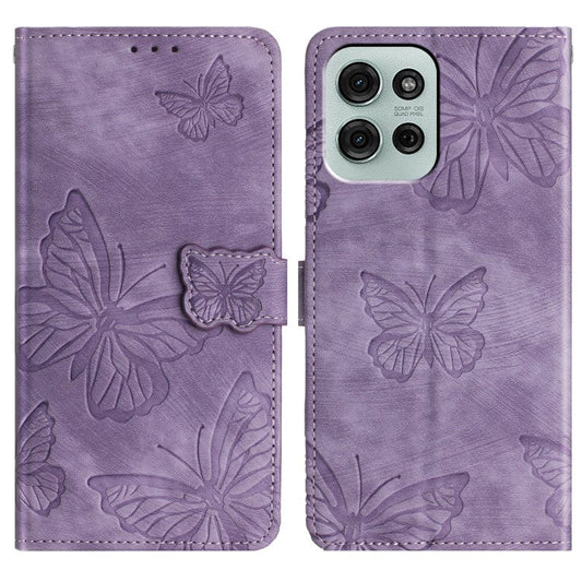 For Motorola Moto G75 5G Case Butterfly Design Flip Wallet Leather Phone Cover Skin-Touch - Purple