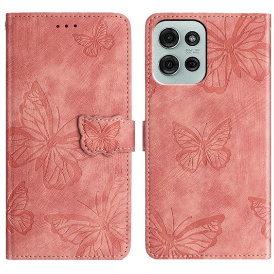 For Motorola Moto G75 5G Case Butterfly Design Flip Wallet Leather Phone Cover Skin-Touch - Pink
