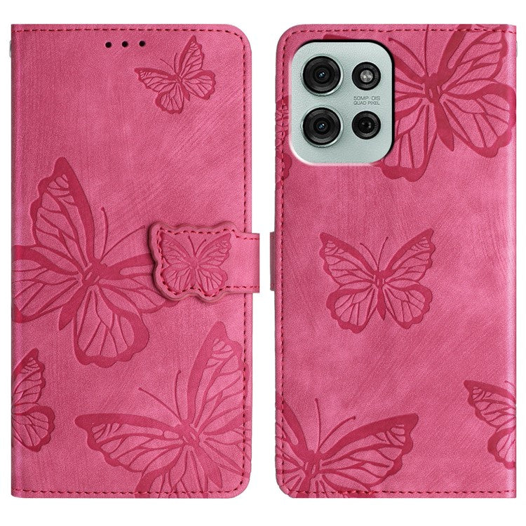 For Motorola Moto G75 5G Case Butterfly Design Flip Wallet Leather Phone Cover Skin-Touch - Rose