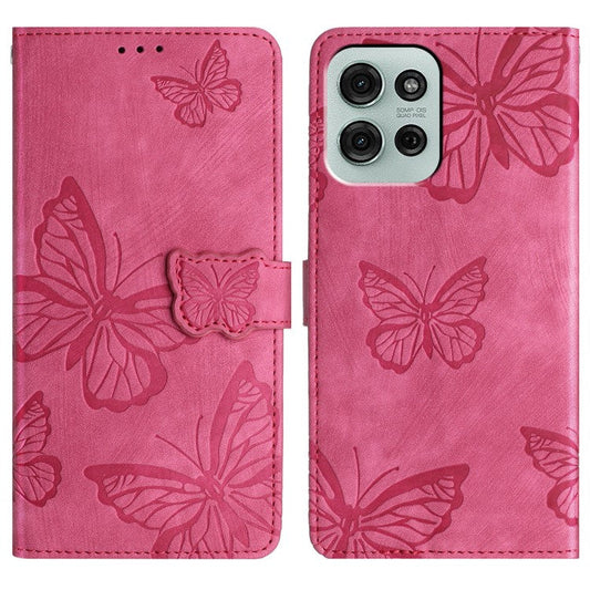 For Motorola Moto G75 5G Case Butterfly Design Flip Wallet Leather Phone Cover Skin-Touch - Rose