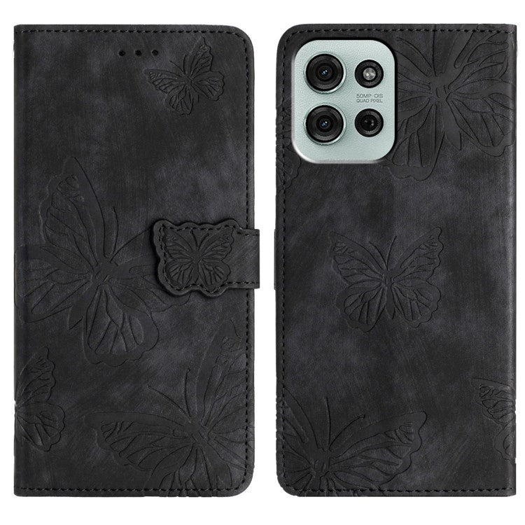 For Motorola Moto G75 5G Case Butterfly Design Flip Wallet Leather Phone Cover Skin-Touch - Black