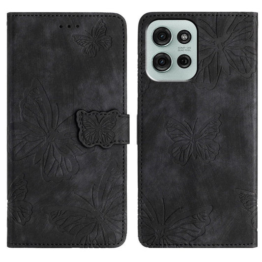 For Motorola Moto G75 5G Case Butterfly Design Flip Wallet Leather Phone Cover Skin-Touch - Black